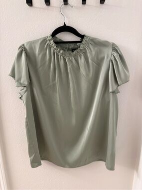 SHEIN Light Sage Ruffle Neck Flutter Sleeve Blouse